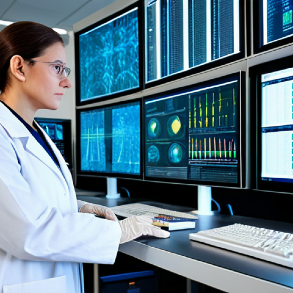 A professional clinical laboratory scientist, gender-neutral, in a modest white lab coat over professional business attire, stands thoughtfully in a state-of-the-art smart laboratory. They are looking at a large, transparent holographic display showing complex genomic data and AI-driven analytics. The background features advanced automated diagnostic equipment and glowing, clean workstations. The scene emphasizes innovative thinking, data interpretation, and critical analysis in a high-tech environment. Fully clothed, appropriate attire, safe for work, professional, perfect anatomy, correct proportions, natural pose, well-formed hands, proper finger count, natural body proportions, professional photography, high quality, sharp focus.