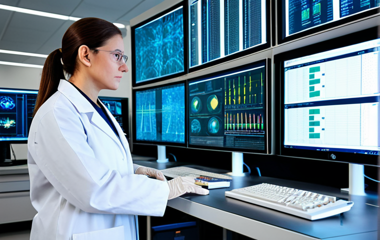 A professional clinical laboratory scientist, gender-neutral, in a modest white lab coat over professional business attire, stands thoughtfully in a state-of-the-art smart laboratory. They are looking at a large, transparent holographic display showing complex genomic data and AI-driven analytics. The background features advanced automated diagnostic equipment and glowing, clean workstations. The scene emphasizes innovative thinking, data interpretation, and critical analysis in a high-tech environment. Fully clothed, appropriate attire, safe for work, professional, perfect anatomy, correct proportions, natural pose, well-formed hands, proper finger count, natural body proportions, professional photography, high quality, sharp focus.