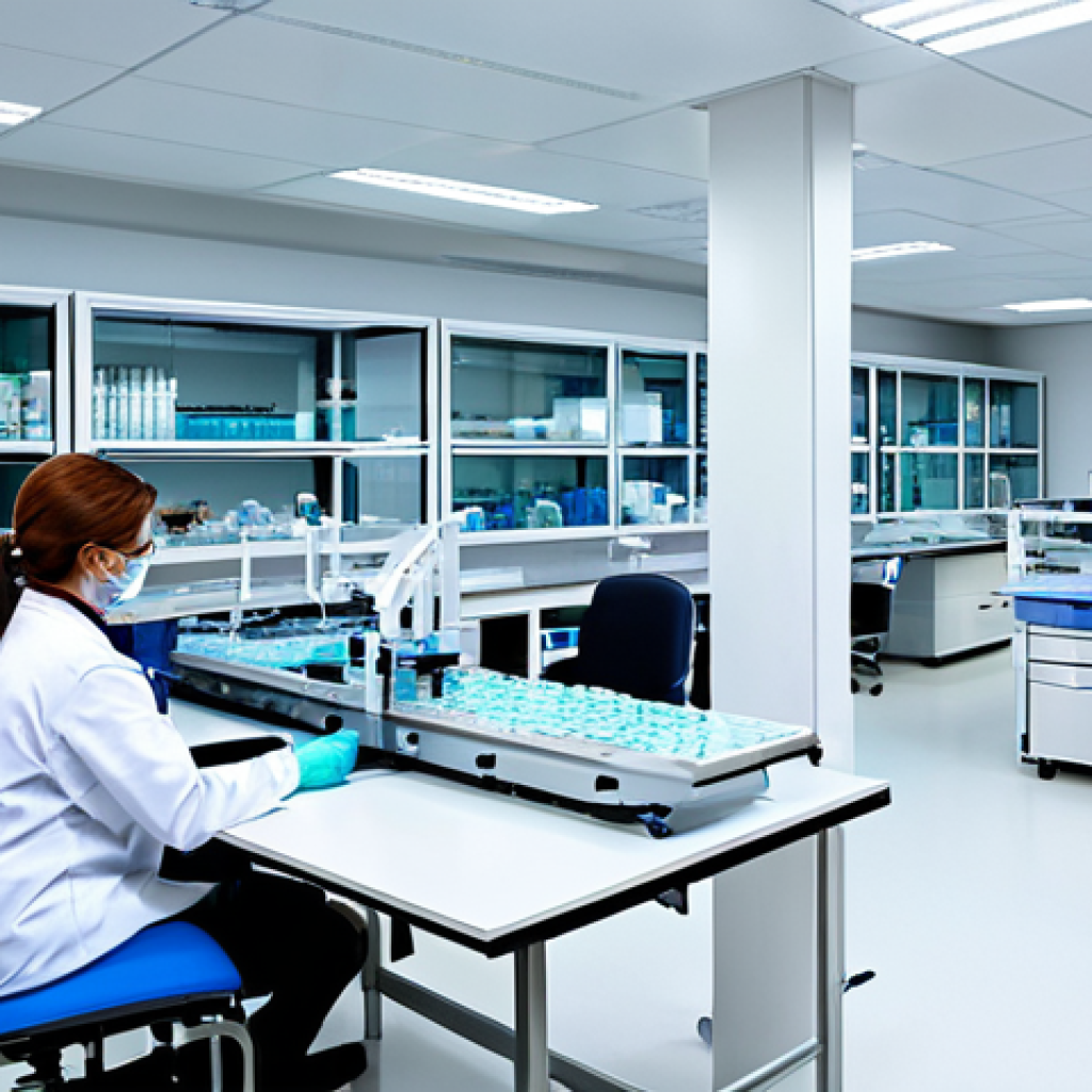 Modern Pathology Lab**
"A bright, clean, and modern clinical pathology lab with automated equipment, including a robotic arm handling sample tubes. Several fully clothed lab technicians are working efficiently. The scene emphasizes precision and technology. Safe for work, appropriate content, fully clothed, professional, perfect anatomy, correct proportions, natural pose, high quality, well-lit."
**