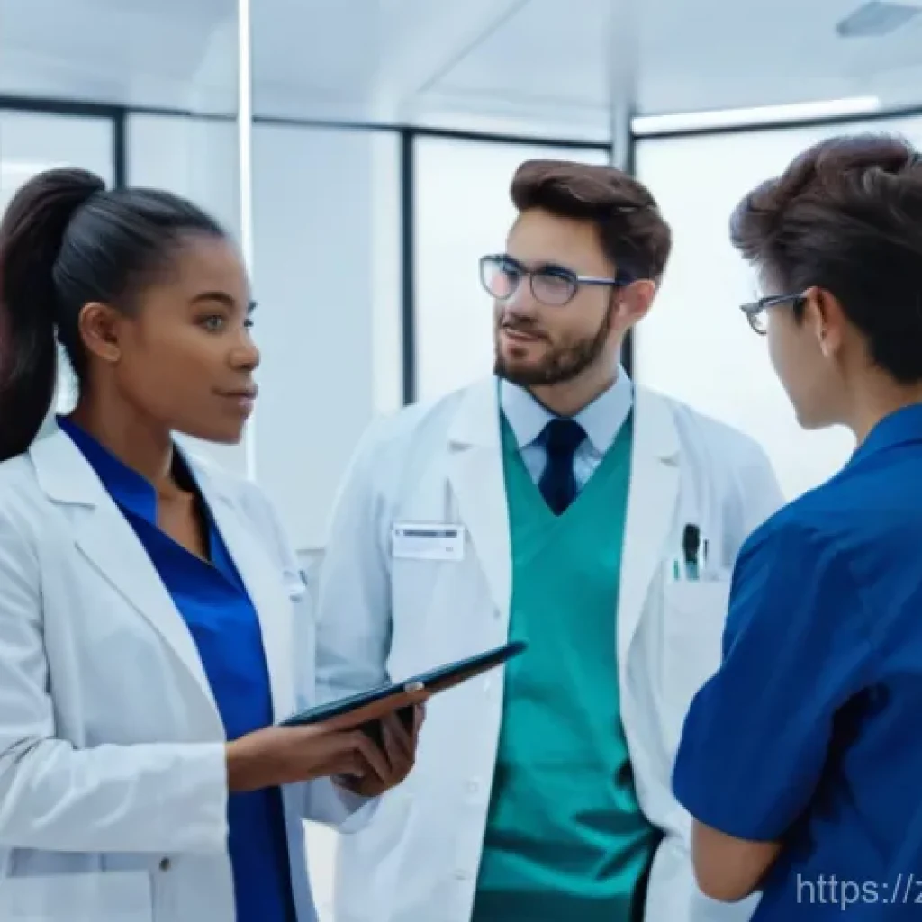 임상병리사 팀워크 강화 방안 - **Prompt 1: Collaborative Communication in a Modern Clinical Lab**
"A vibrant, well-lit interior...
