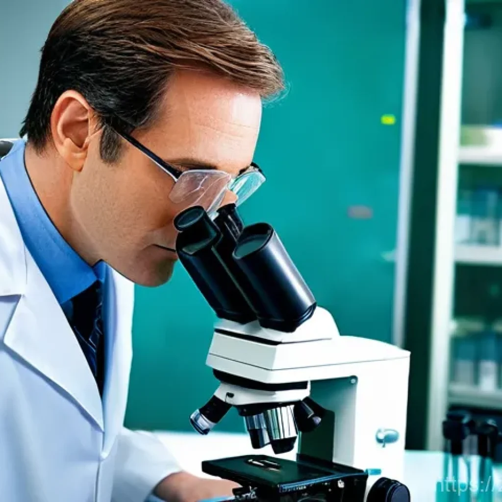 임상병리사와 병리 슬라이드 분석 - **Prompt:** A highly focused, diverse pathologist, wearing a clean white lab coat and a respectful e...