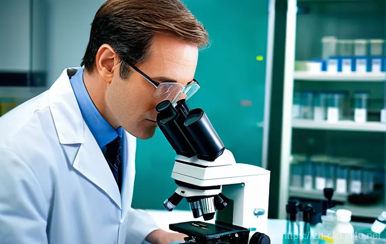 임상병리사와 병리 슬라이드 분석 - **Prompt:** A highly focused, diverse pathologist, wearing a clean white lab coat and a respectful e...