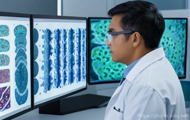 임상병리사와 병리 슬라이드 분석 - **Prompt:** A highly focused, diverse pathologist, wearing a clean white lab coat and a respectful e...