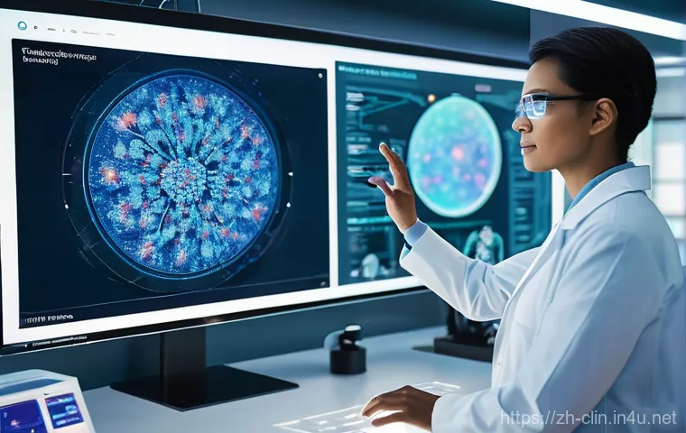 임상병리사와 병리 슬라이드 분석 - **Prompt:** In a modern and bright digital pathology suite, a diverse pathologist, dressed professio...