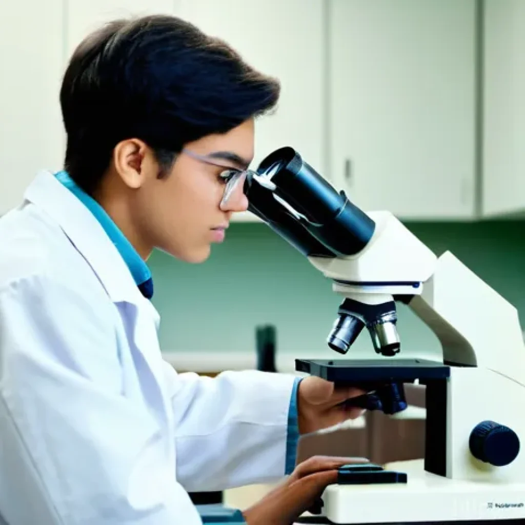 임상병리사 자격 취득 방법 - **Prompt:** A focused young medical student, approximately 20 years old, wearing a clean white lab c...