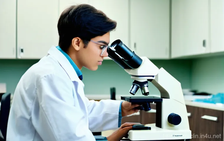 임상병리사 자격 취득 방법 - **Prompt:** A focused young medical student, approximately 20 years old, wearing a clean white lab c...