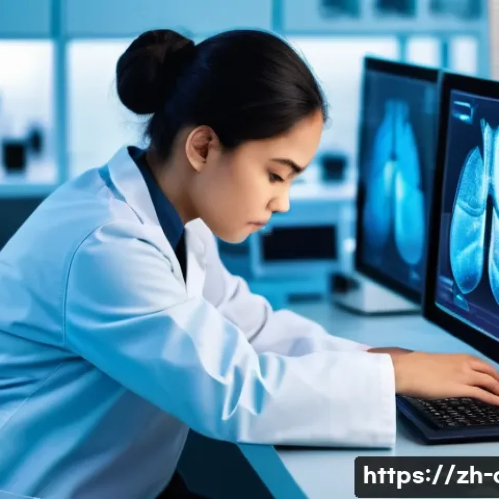 임상병리사 근속 연수별 퇴사율 - A young clinical pathologist in their early career stage, wearing professional medical attire and a ...