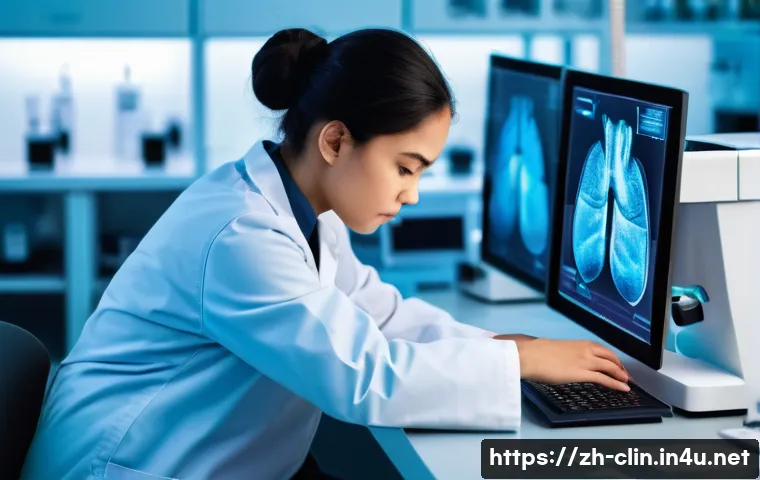 임상병리사 근속 연수별 퇴사율 - A young clinical pathologist in their early career stage, wearing professional medical attire and a ...