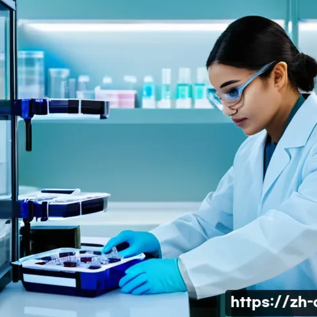 임상병리사 업무와 감염 관리 - A modern clinical pathology laboratory scene showing a skilled lab technician in professional attire...