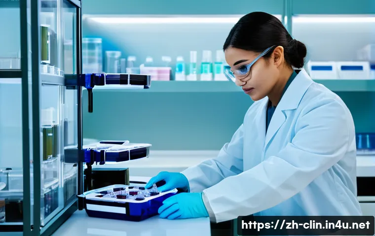 임상병리사 업무와 감염 관리 - A modern clinical pathology laboratory scene showing a skilled lab technician in professional attire...