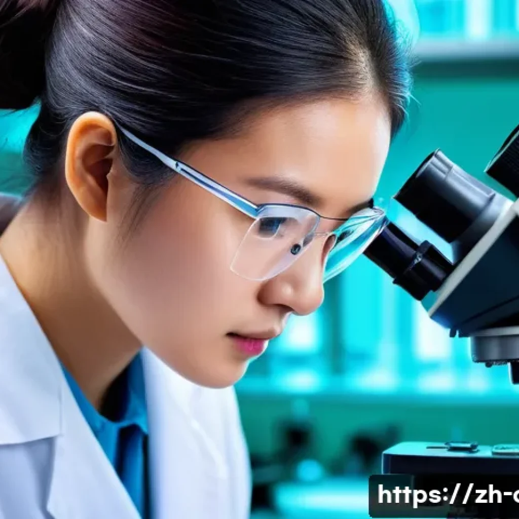 임상병리사로 전공 선택 이유 - A modern clinical pathology laboratory scene showing a focused young Chinese female pathologist wear...