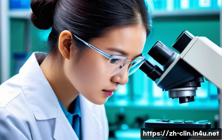 임상병리사로 전공 선택 이유 - A modern clinical pathology laboratory scene showing a focused young Chinese female pathologist wear...