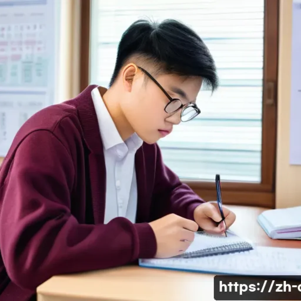 임상병리사 자격증 시험 후기 - A focused young adult Chinese student sitting at a clean, modern study desk in a bright room, surrou...
