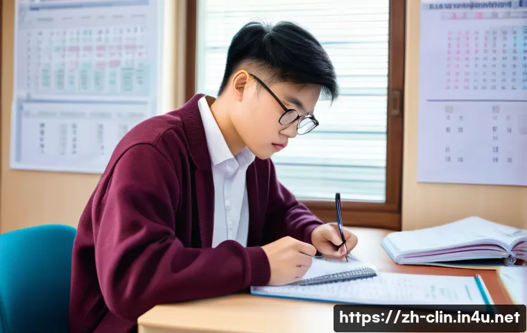 임상병리사 자격증 시험 후기 - A focused young adult Chinese student sitting at a clean, modern study desk in a bright room, surrou...