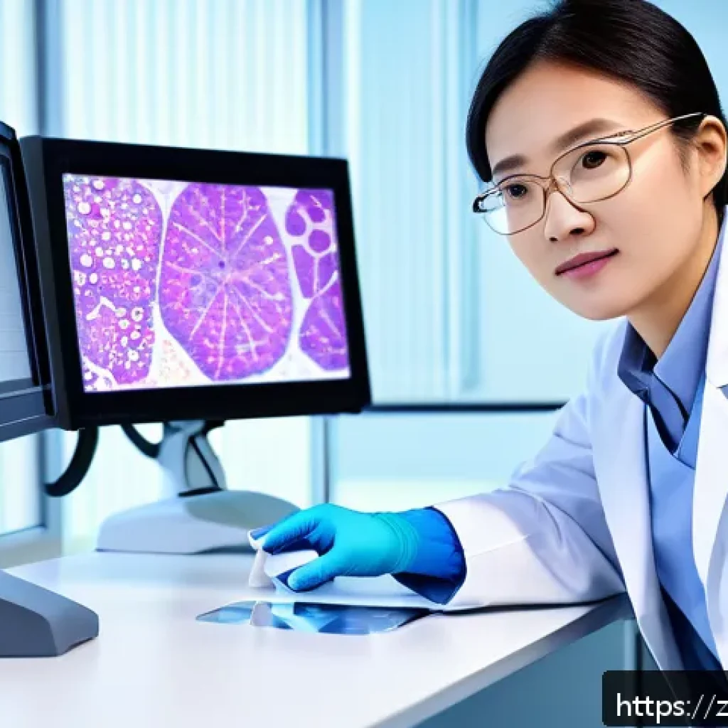 임상병리사 이직 성공 전략 - A modern clinical pathology laboratory scene with a professional pathologist in a white lab coat ope...