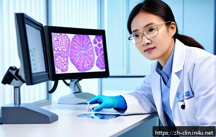 임상병리사 이직 성공 전략 - A modern clinical pathology laboratory scene with a professional pathologist in a white lab coat ope...
