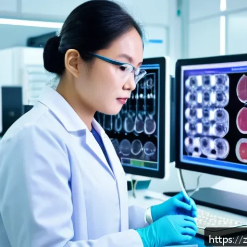 임상병리사 커리어 개발 전략 - A modern clinical pathology laboratory scene featuring a professional pathologist wearing a lab coat...