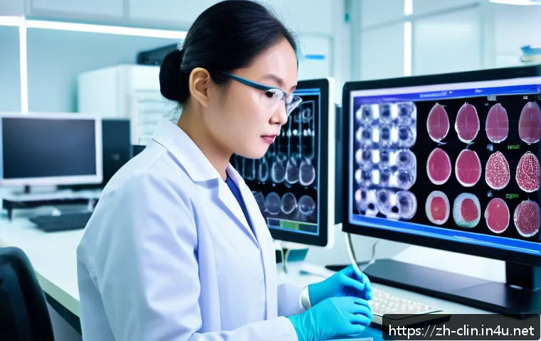 임상병리사 커리어 개발 전략 - A modern clinical pathology laboratory scene featuring a professional pathologist wearing a lab coat...