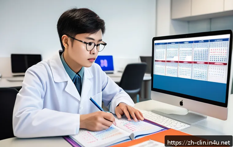 임상병리사 자격증 시험 전 필수 체크 - A detailed educational scene showing a medical student studying clinical pathology with textbooks, n...