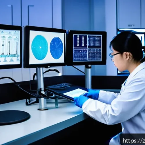 임상병리사의 윤리적 딜레마 - A clinical pathology technician working late at night in a modern laboratory, focused and meticulous...