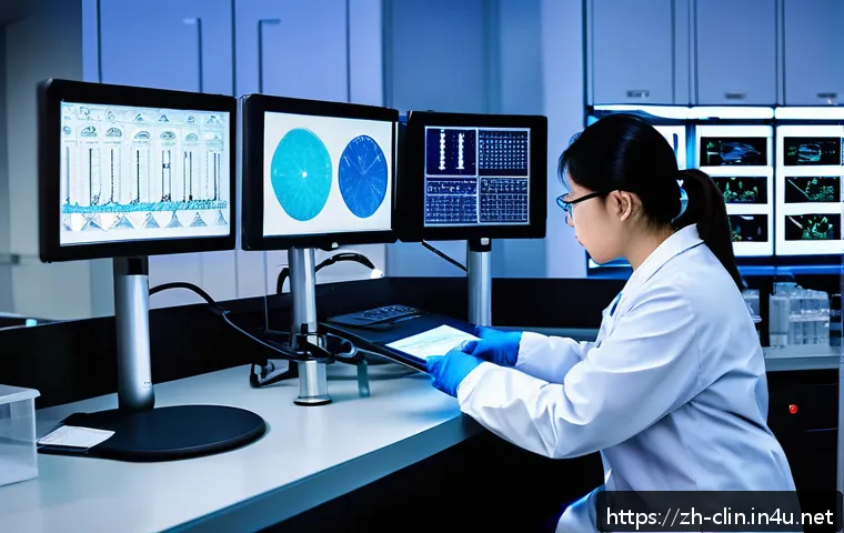임상병리사의 윤리적 딜레마 - A clinical pathology technician working late at night in a modern laboratory, focused and meticulous...