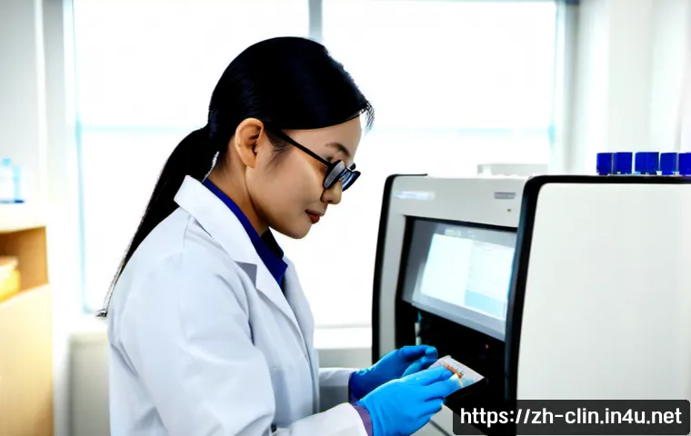 임상병리사 병원 근무 VS 연구소 근무 - Photorealistic clinical laboratory technologist working in a modern hospital diagnostic laboratory, ...